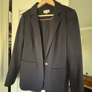 Ann Taylor Loft long pinstripe kinit modern blazer size 8 regular Forever Navy